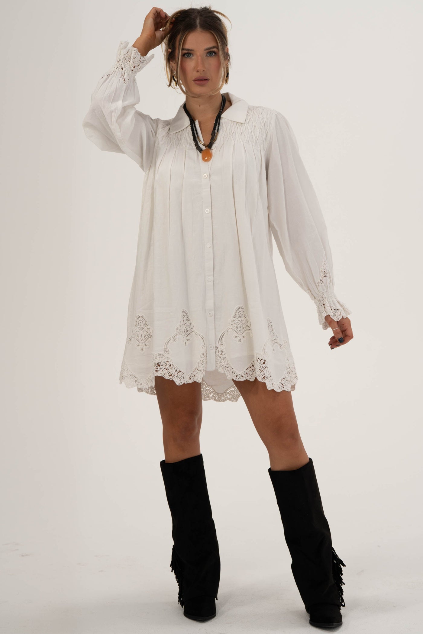 Leona Mini Dress | White Lace Embroidery