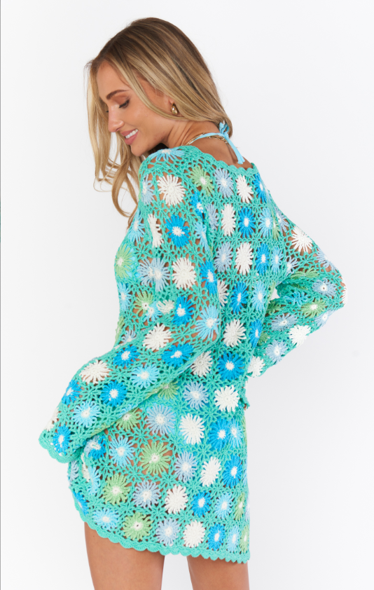 Vacay Mini Coverup | Blue Multi Floral Crochet