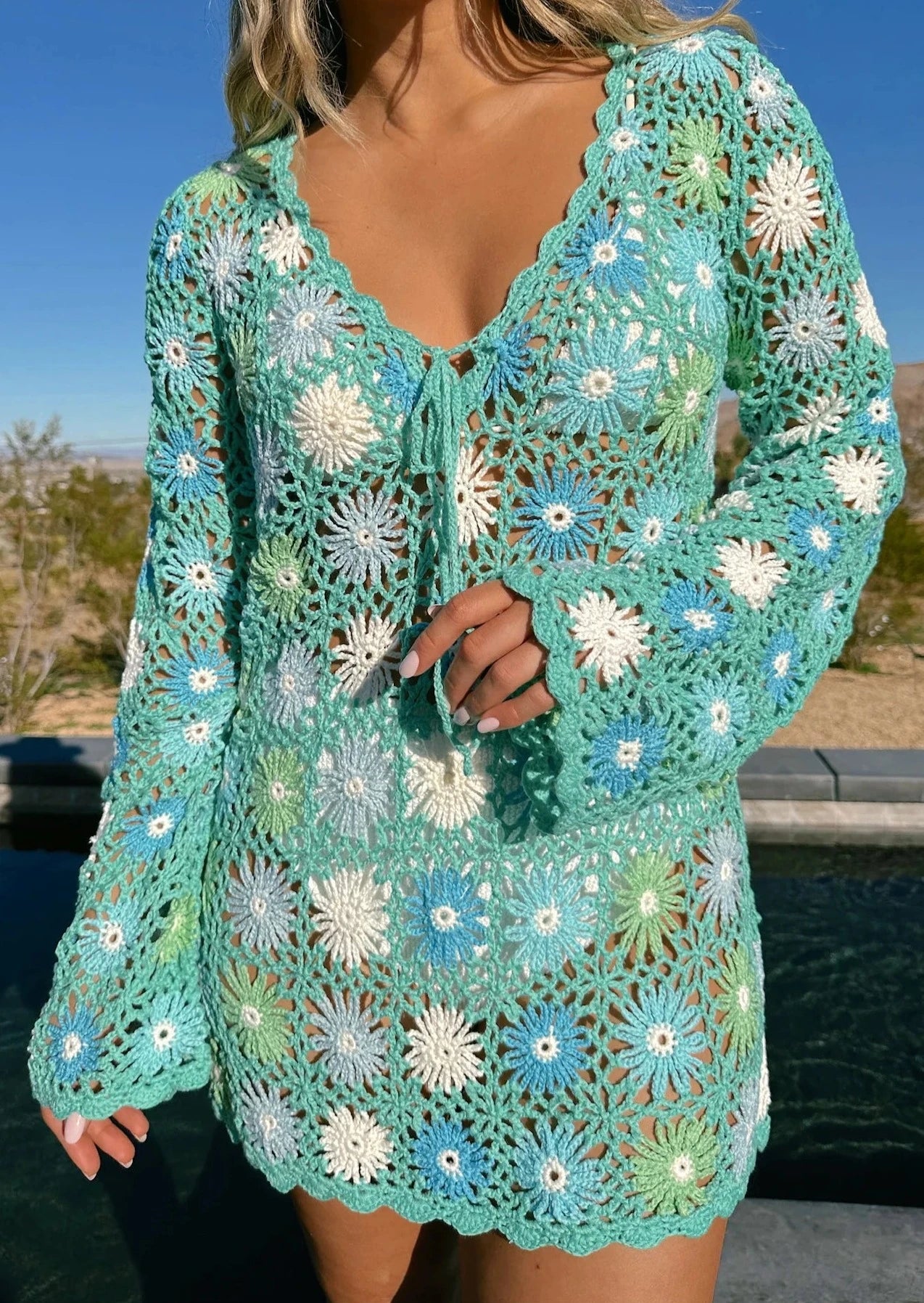 Vacay Mini Coverup | Blue Multi Floral Crochet
