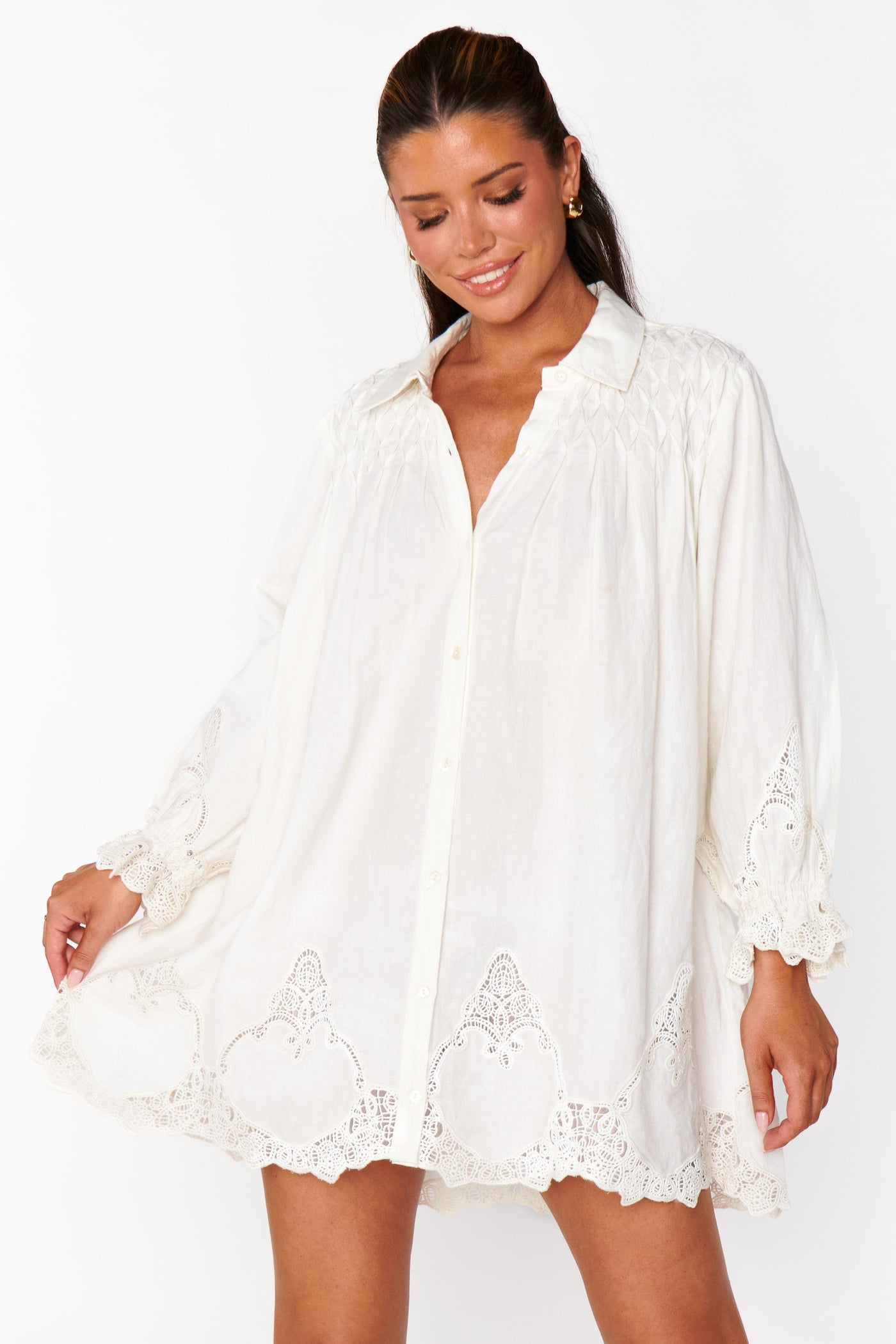 Leona Mini Dress | White Lace Embroidery