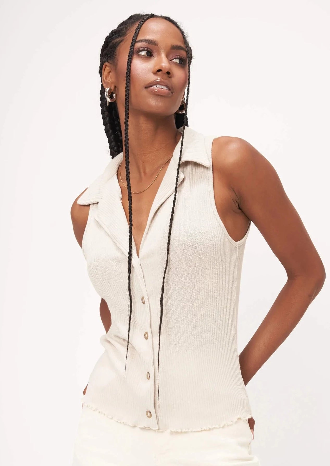 Cheyne Collared Button Tank | Beige